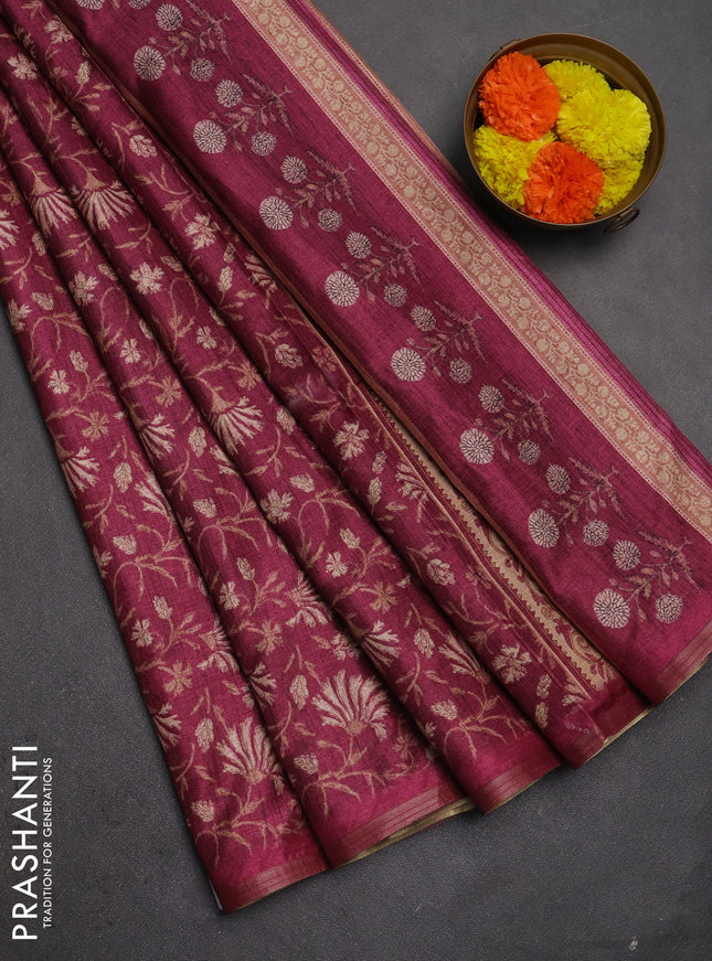 Semi tussar saree wine shade with allover prints and zari woven piping border