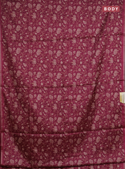 Semi tussar saree wine shade with allover prints and zari woven piping border