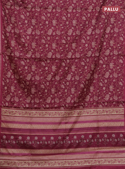Semi tussar saree wine shade with allover prints and zari woven piping border