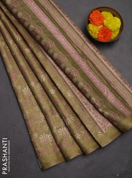 Semi tussar saree light green with allover prints and zari woven piping border