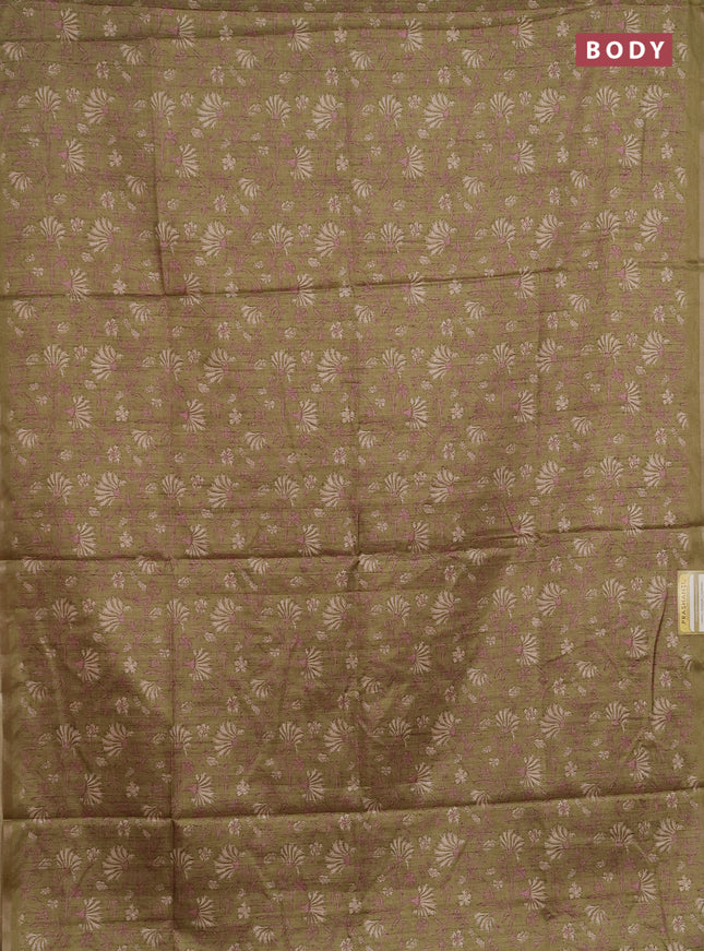 Semi tussar saree light green with allover prints and zari woven piping border