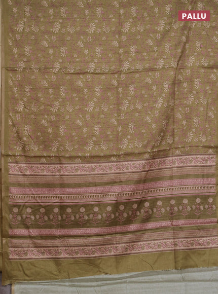 Semi tussar saree light green with allover prints and zari woven piping border