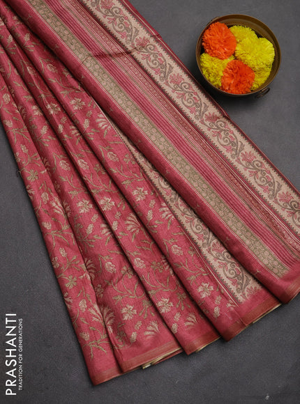 Semi tussar saree pink shade with allover prints and zari woven piping border