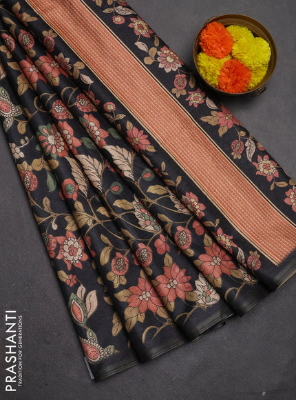 Semi tussar saree black with allover kalamkari prints and zari woven piping border