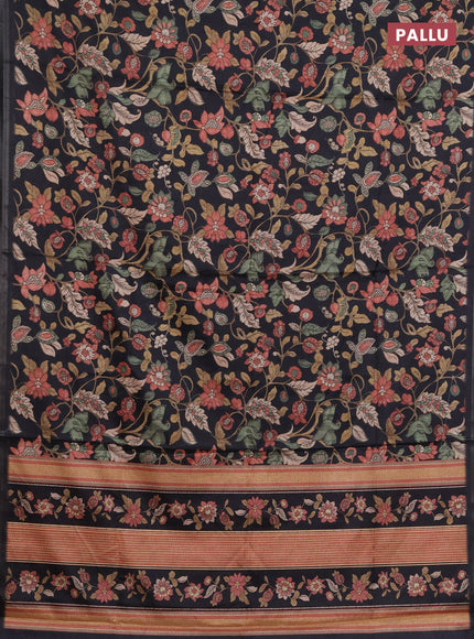 Semi tussar saree black with allover kalamkari prints and zari woven piping border