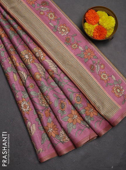 Semi tussar saree mauve pink with allover kalamkari prints and zari woven piping border