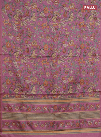 Semi tussar saree mauve pink with allover kalamkari prints and zari woven piping border