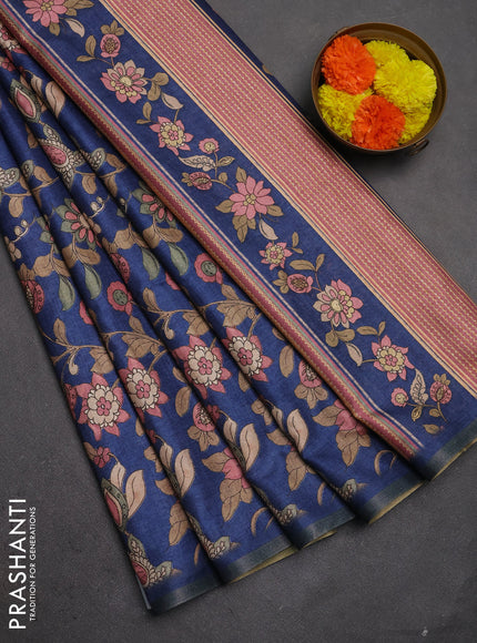 Semi tussar saree blue with allover kalamkari prints and zari woven piping border