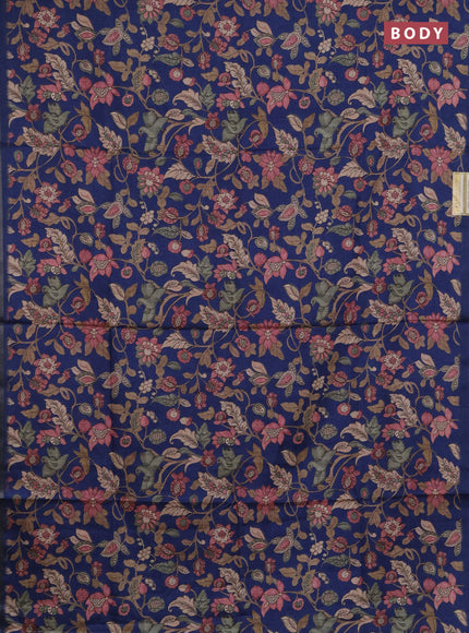Semi tussar saree blue with allover kalamkari prints and zari woven piping border