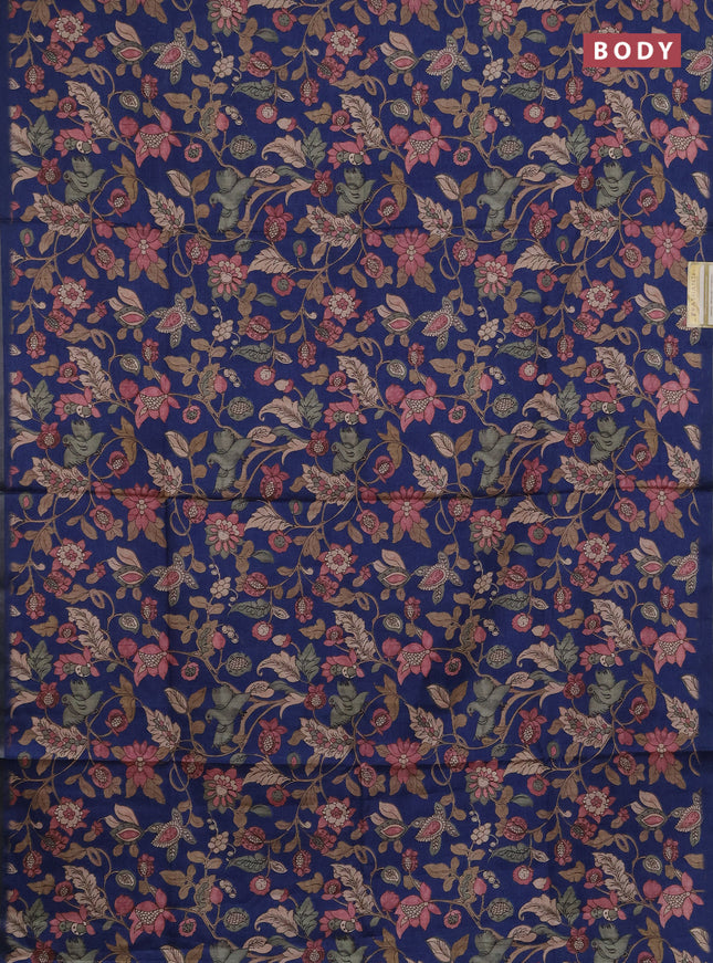 Semi tussar saree blue with allover kalamkari prints and zari woven piping border