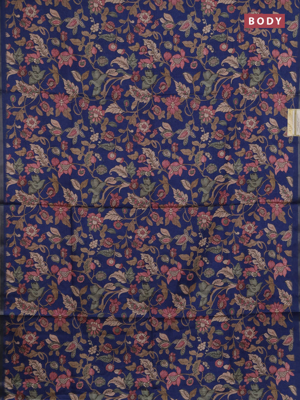 Semi tussar saree blue with allover kalamkari prints and zari woven piping border