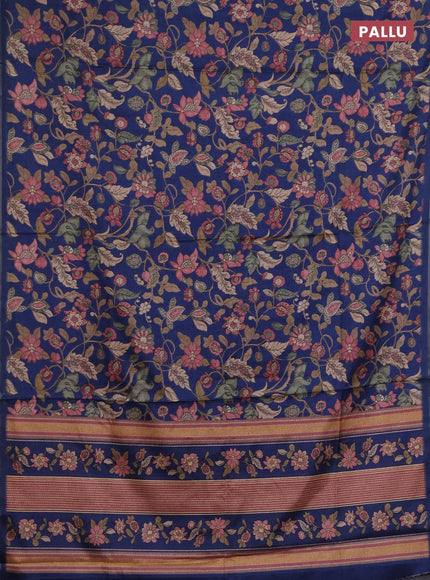 Semi tussar saree blue with allover kalamkari prints and zari woven piping border