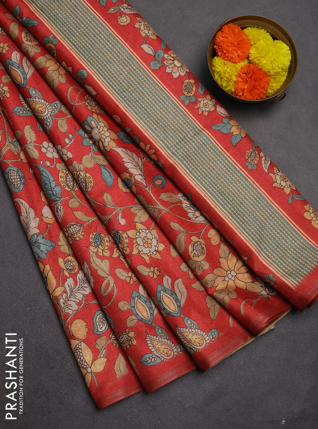 Semi tussar saree red with allover kalamkari prints and zari woven piping border