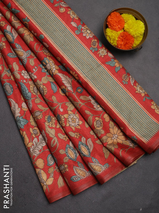Semi tussar saree red with allover kalamkari prints and zari woven piping border