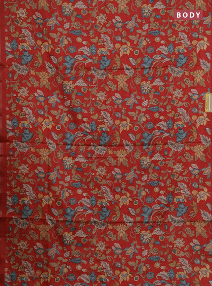 Semi tussar saree red with allover kalamkari prints and zari woven piping border