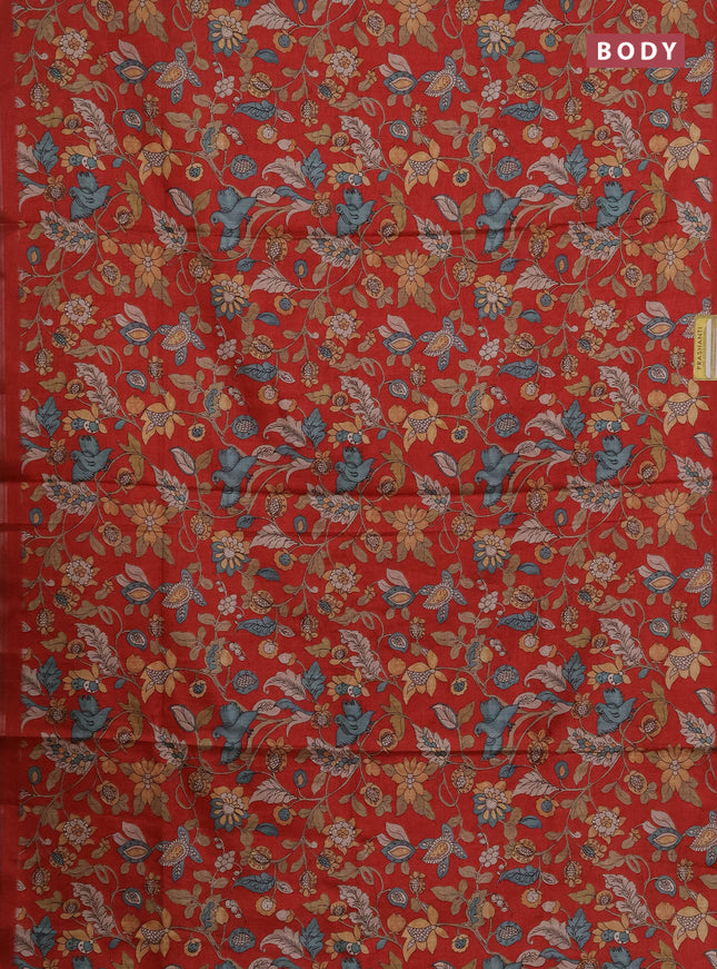 Semi tussar saree red with allover kalamkari prints and zari woven piping border