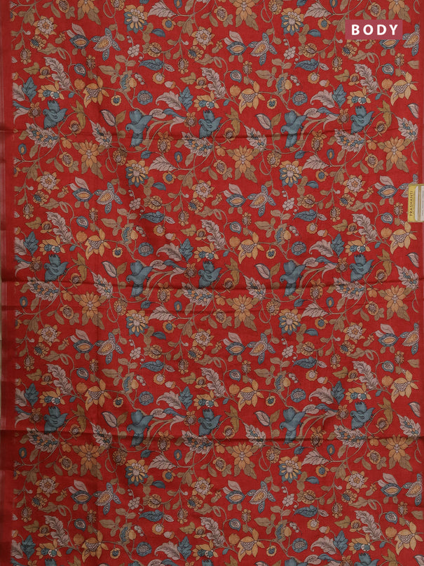 Semi tussar saree red with allover kalamkari prints and zari woven piping border