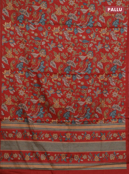 Semi tussar saree red with allover kalamkari prints and zari woven piping border