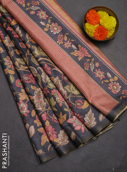 Semi tussar saree grey with allover kalamkari prints and zari woven piping border