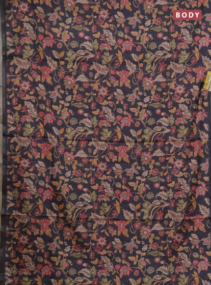 Semi tussar saree grey with allover kalamkari prints and zari woven piping border