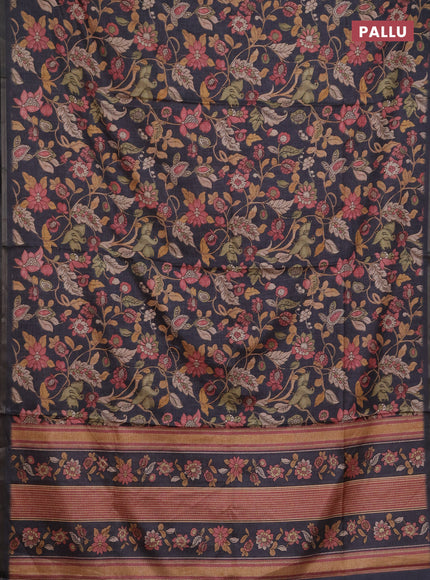 Semi tussar saree grey with allover kalamkari prints and zari woven piping border