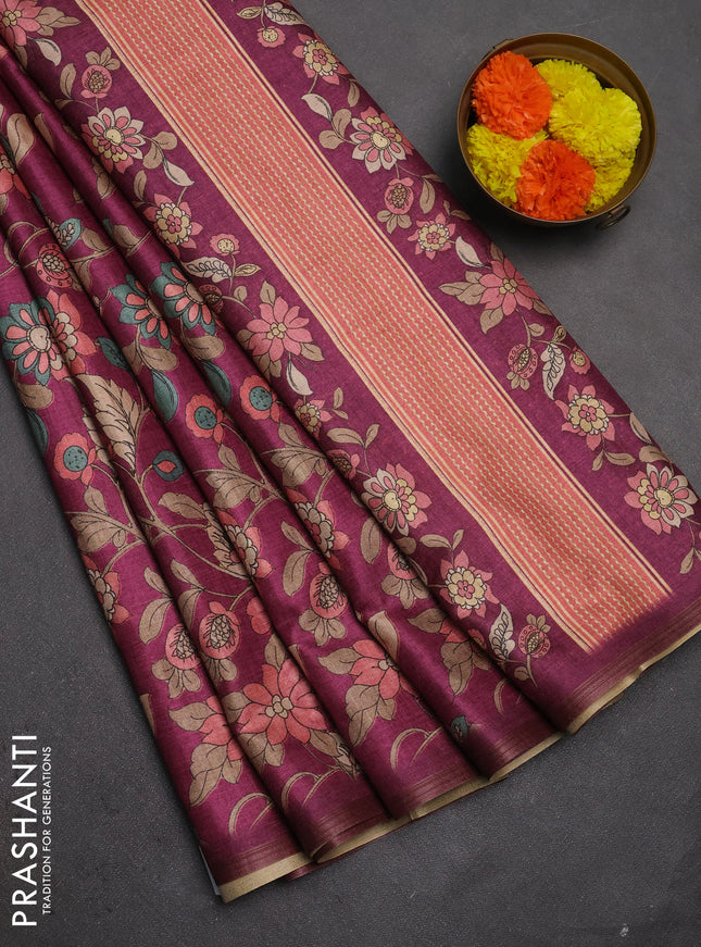 Semi tussar saree wine shade with allover kalamkari prints and zari woven piping border