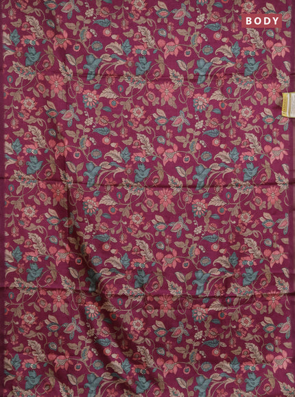 Semi tussar saree wine shade with allover kalamkari prints and zari woven piping border