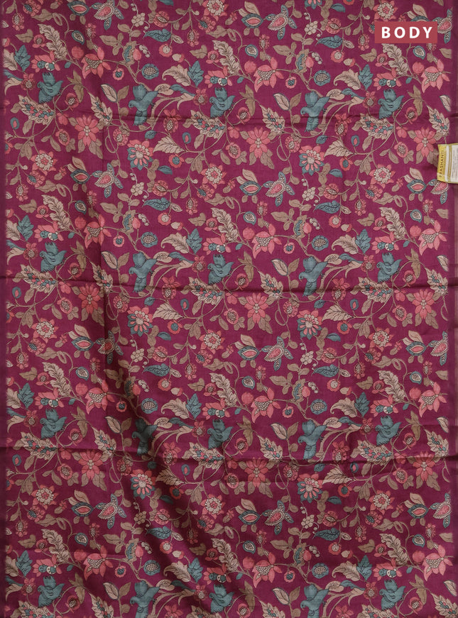 Semi tussar saree wine shade with allover kalamkari prints and zari woven piping border
