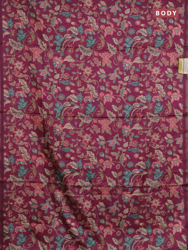 Semi tussar saree wine shade with allover kalamkari prints and zari woven piping border