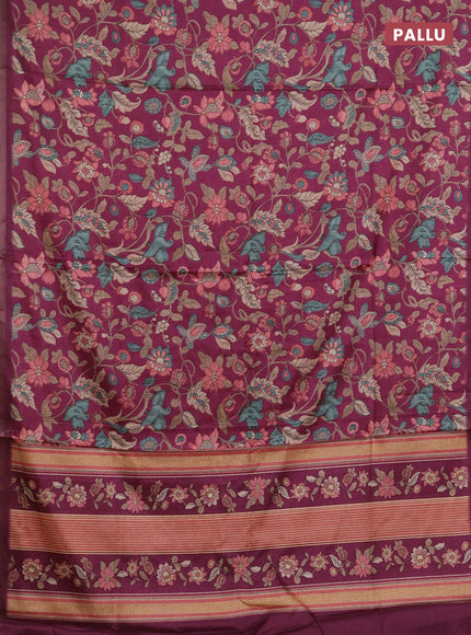 Semi tussar saree wine shade with allover kalamkari prints and zari woven piping border