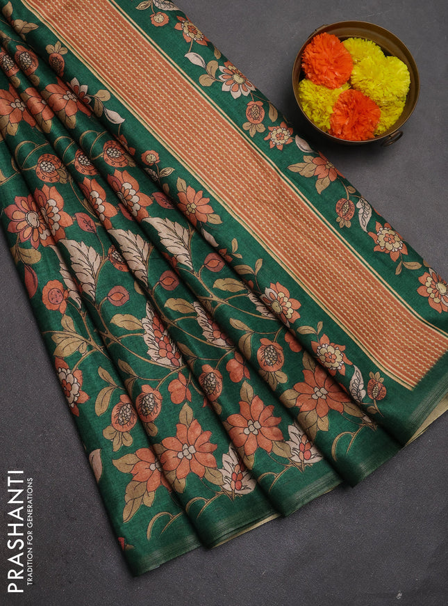 Semi tussar saree green with allover kalamkari prints and zari woven piping border