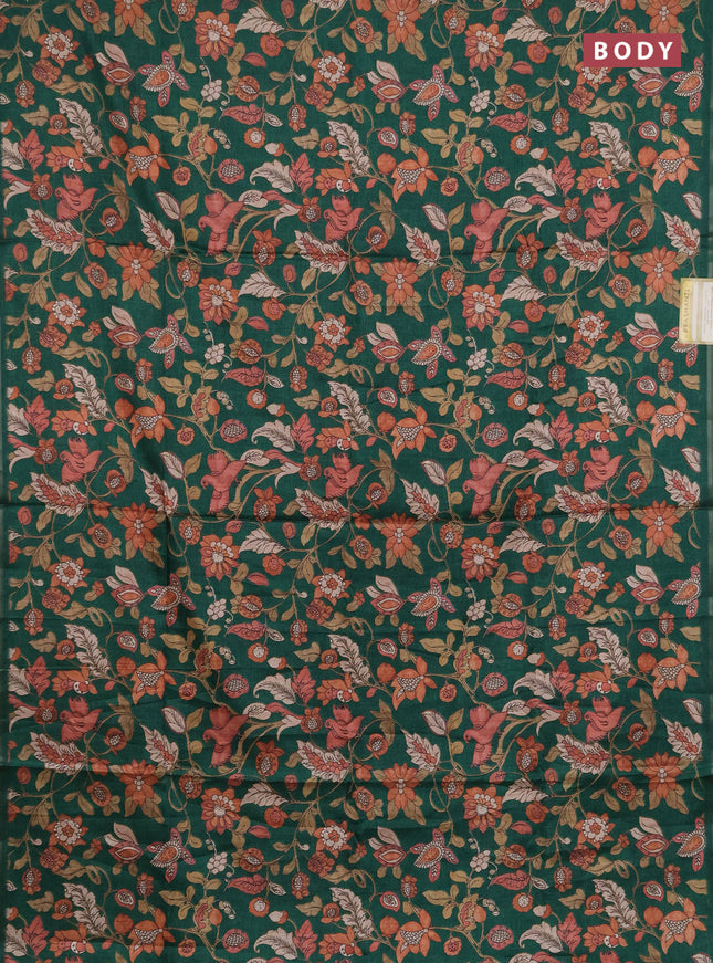 Semi tussar saree green with allover kalamkari prints and zari woven piping border