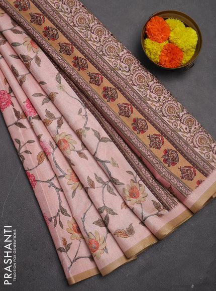 Semi tussar saree mild peach with allover floral digital prints and zari woven piping border