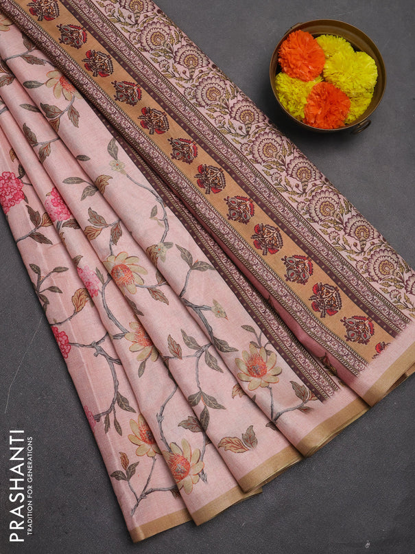 Semi tussar saree mild peach with allover floral digital prints and zari woven piping border