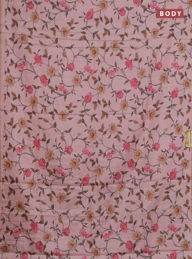 Semi tussar saree mild peach with allover floral digital prints and zari woven piping border
