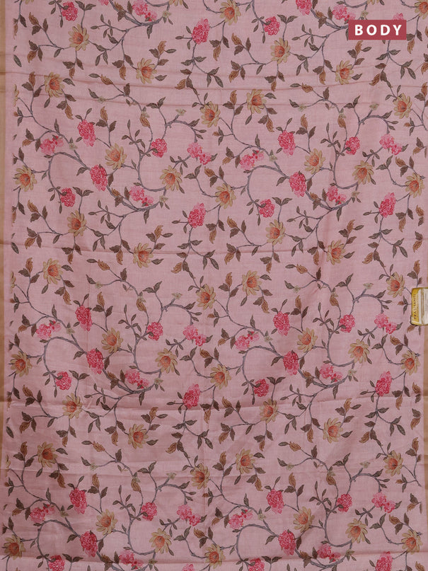 Semi tussar saree mild peach with allover floral digital prints and zari woven piping border