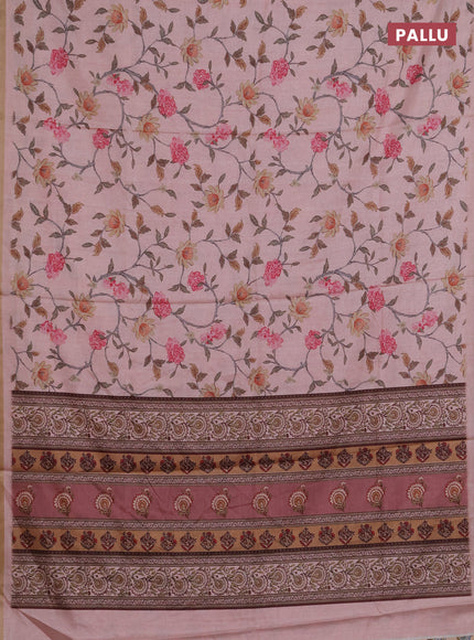 Semi tussar saree mild peach with allover floral digital prints and zari woven piping border