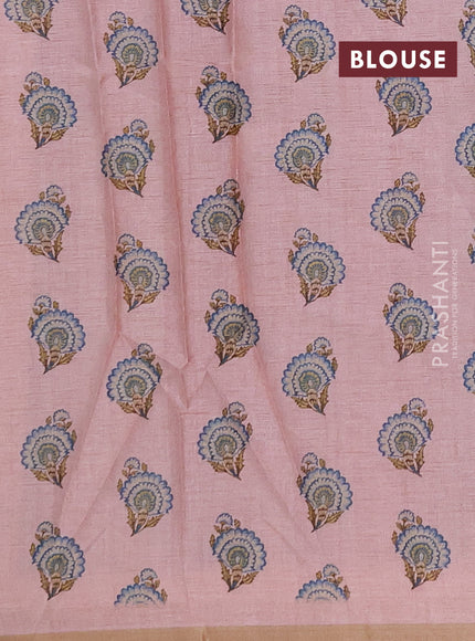Semi tussar saree mild peach with allover floral digital prints and zari woven piping border