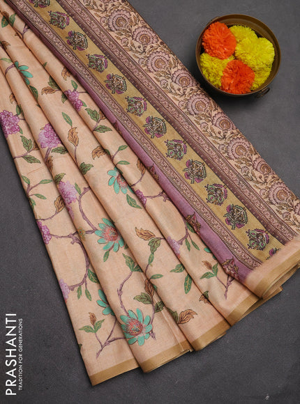 Semi tussar saree pale orange with allover floral digital prints and zari woven piping border