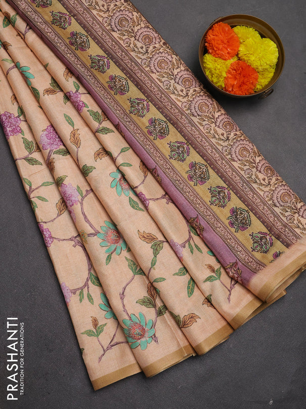 Semi tussar saree pale orange with allover floral digital prints and zari woven piping border