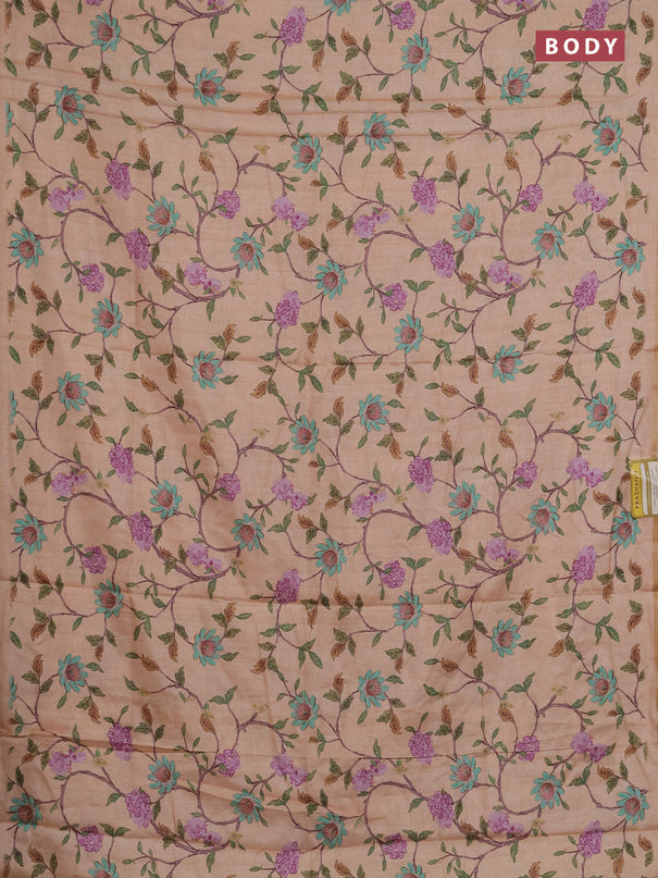 Semi tussar saree pale orange with allover floral digital prints and zari woven piping border