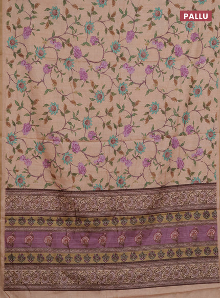 Semi tussar saree pale orange with allover floral digital prints and zari woven piping border