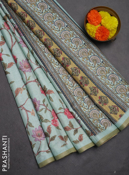 Semi tussar saree teal blue with allover floral digital prints and zari woven piping border