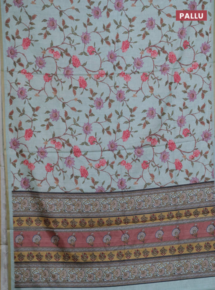 Semi tussar saree teal blue with allover floral digital prints and zari woven piping border