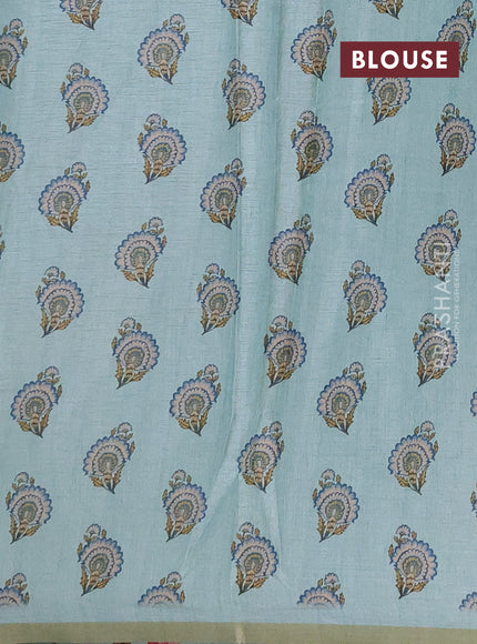 Semi tussar saree teal blue with allover floral digital prints and zari woven piping border