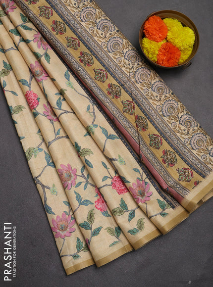 Semi tussar saree pale yellow with allover floral digital prints and zari woven piping border