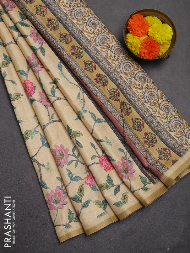 Semi tussar saree pale yellow with allover floral digital prints and zari woven piping border