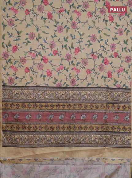 Semi tussar saree pale yellow with allover floral digital prints and zari woven piping border
