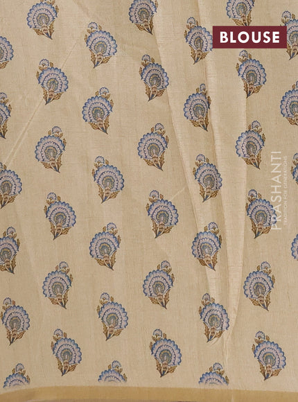 Semi tussar saree pale yellow with allover floral digital prints and zari woven piping border
