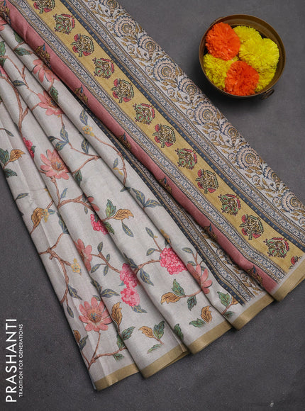 Semi tussar saree pastel grey with allover floral digital prints and zari woven piping border